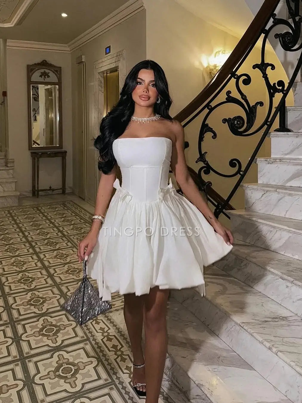 TingPo Wholesale Elegant Princess A Line Strapless White Short Homecoming Dress with Bowknot formal wear dresses