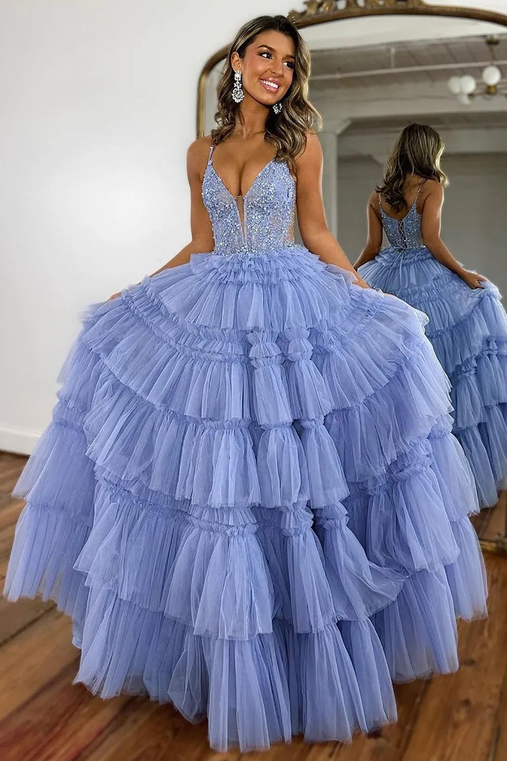 Wholesale Princess Glitter A-Line Spaghetti Straps Long Tiered Prom Dress prom dresses with long sleeves