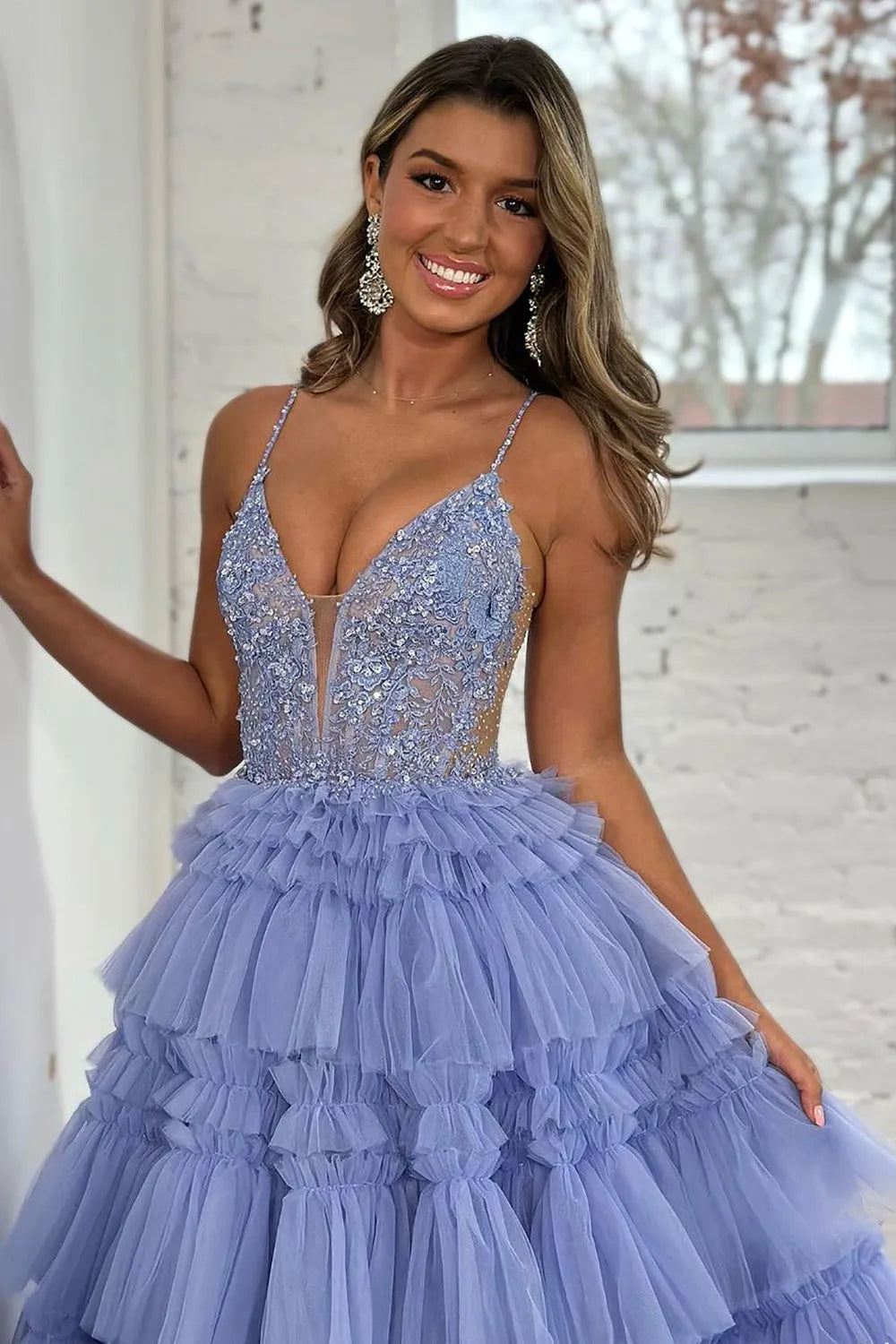 Wholesale Princess Glitter A-Line Spaghetti Straps Long Tiered Prom Dress prom dresses with long sleeves
