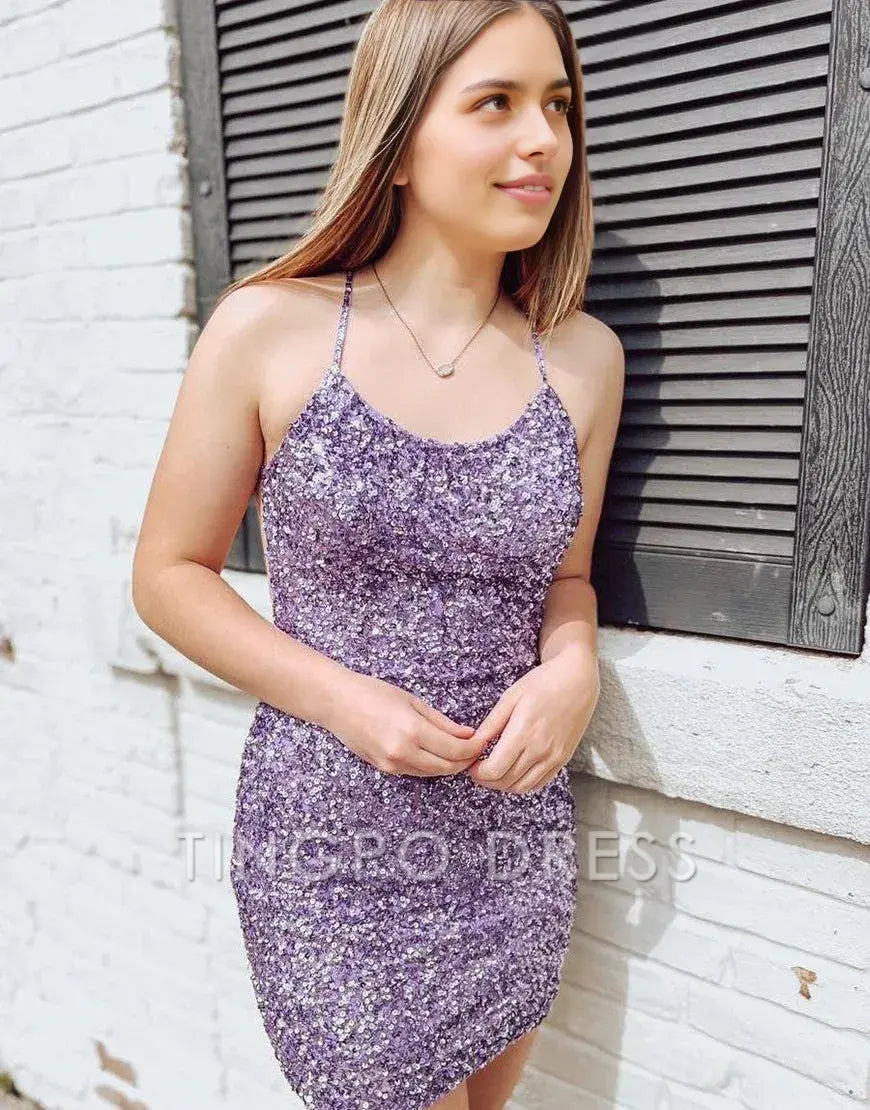 TingPo Wholesale Elegant Purple Bodycon Criss-Cross Back Sequin Homecoming Dress formal wear dresses