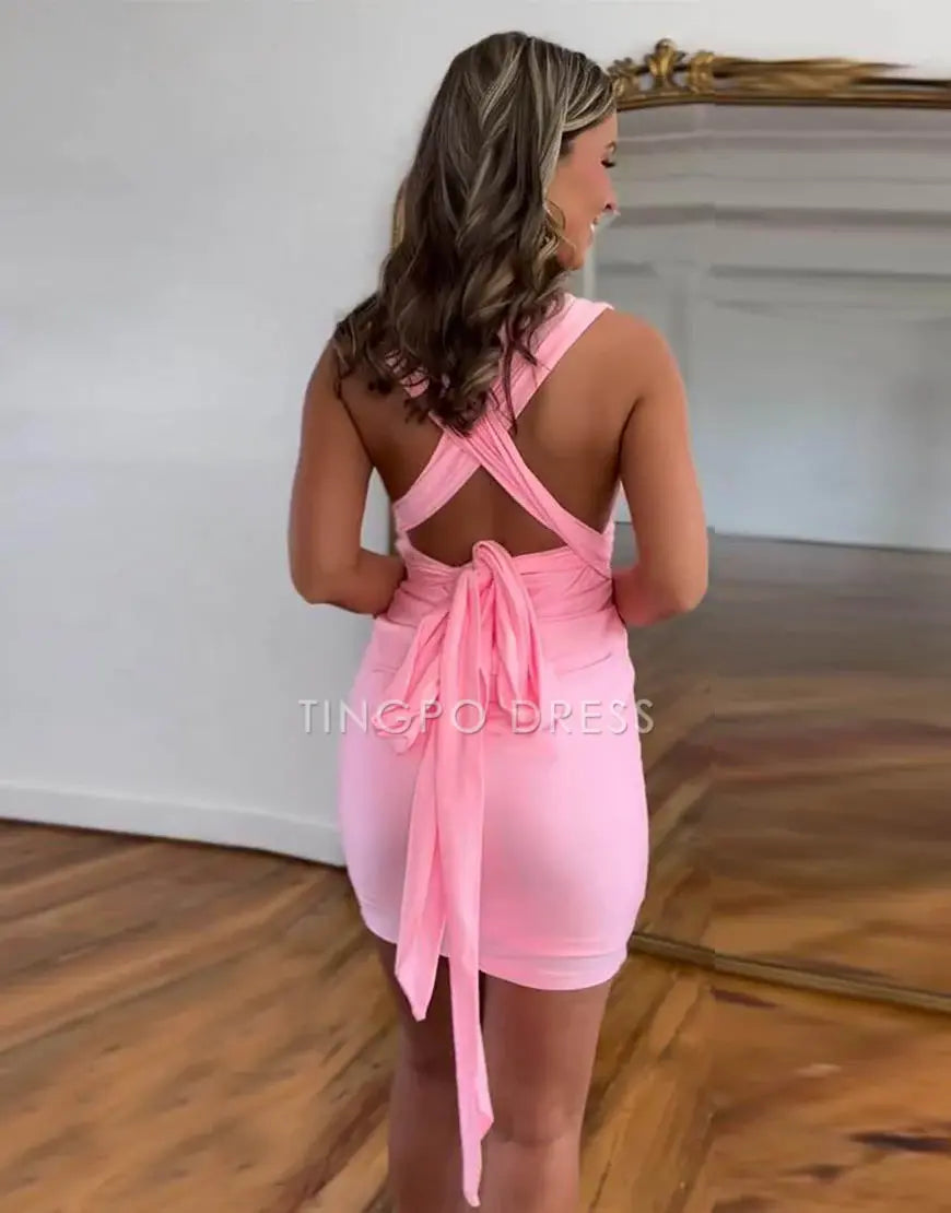 TingPo Wholesale Pink Convertible Straps Open Back Tight Homecoming Party Dress formal wear dresses