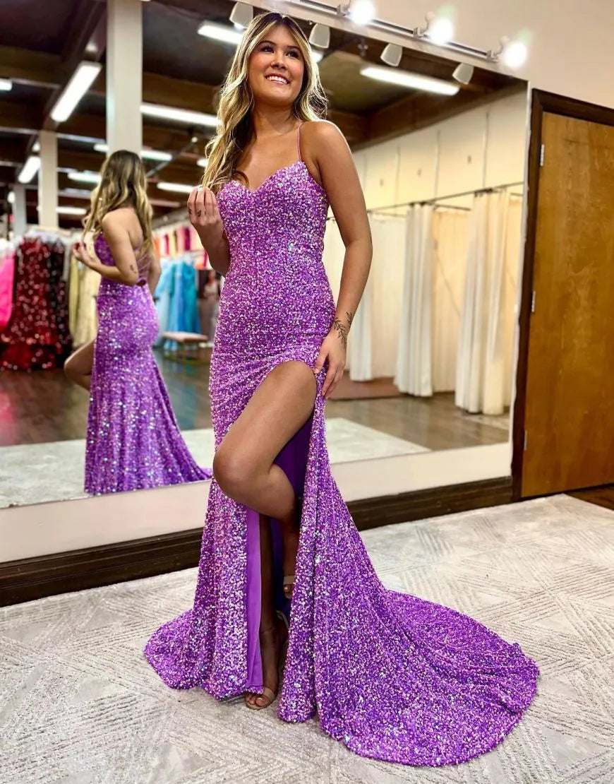 Wholesale Purple Mermaid Corset Back Long Prom Dress With Split prom dresses with long sleeves