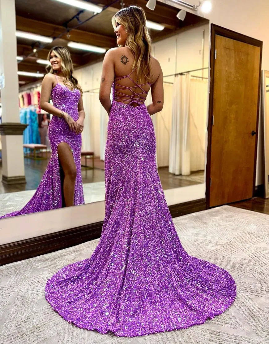 Wholesale Purple Mermaid Corset Back Long Prom Dress With Split prom dresses with long sleeves