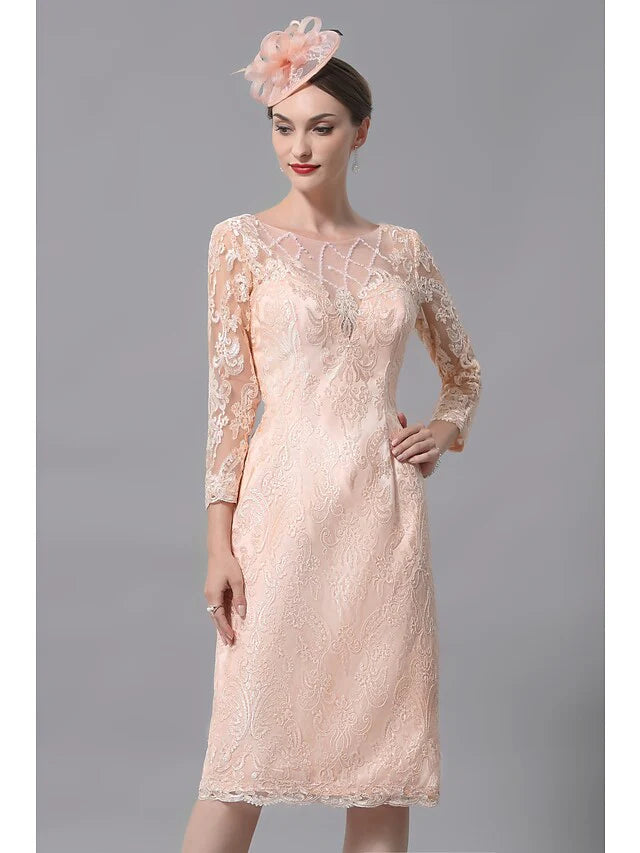 Wholesale Mother of the Bride Dress Plus Size Sexy See Through Bateau Neck Knee Length Lace 3/4 Length Sleeve with Pleats Appliques