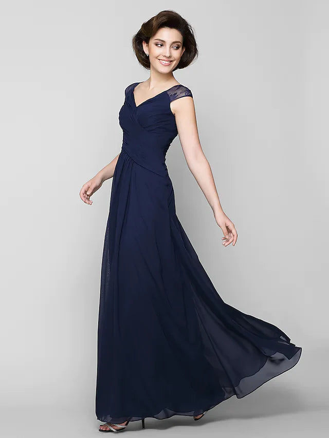 Wholesale A-Line Mother of the Bride Dress See Through V Neck Ankle Length Chiffon Lace Sleeveless with Lace Criss Cross