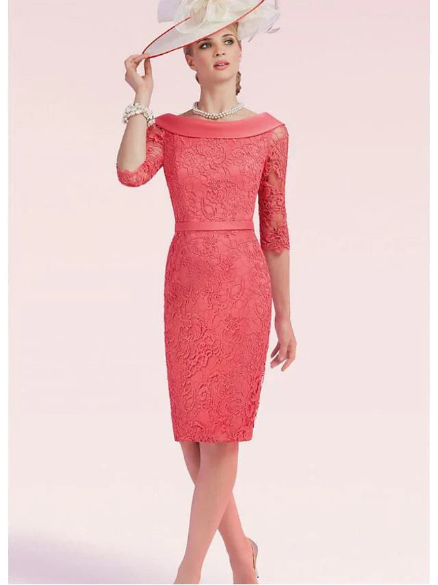 Wholesale Mother of the Bride Dress Plus Size Bateau Neck Knee Length Lace Satin Half Sleeve with Sash Ribbon Bow(s) Split Front