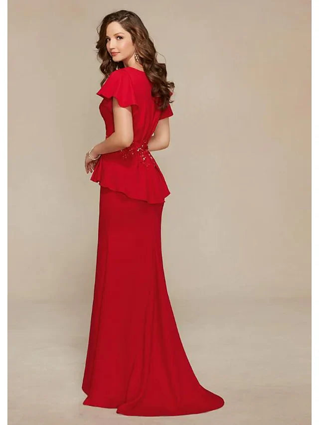 Wholesale Mother of the Bride Dress Elegant & Luxurious Plunging Neck Jersey Short Sleeve with Beading Embroidery Ruching