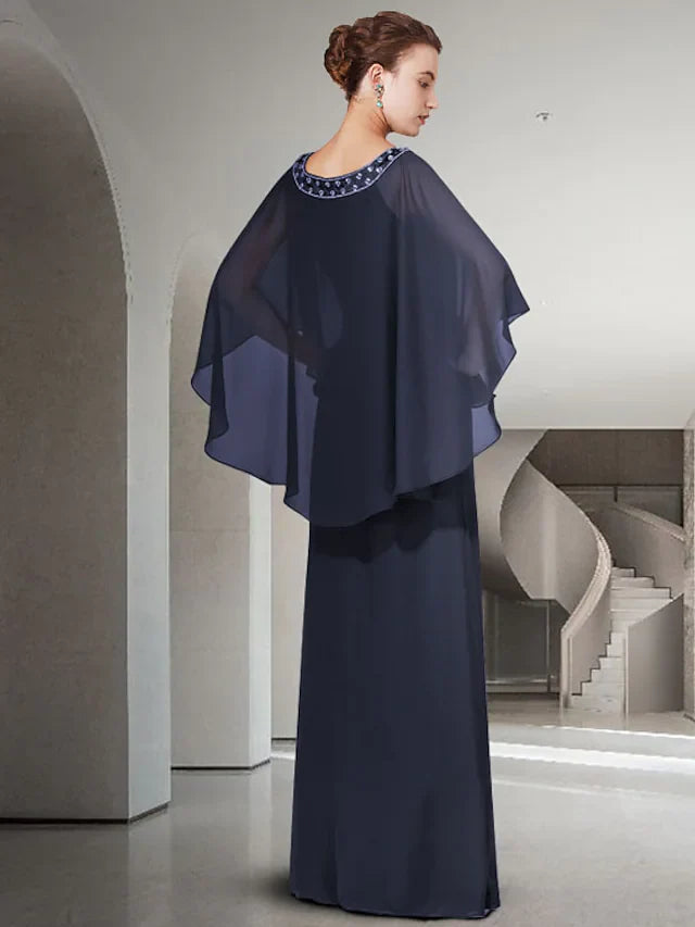 Wholesale Mother of the Bride Dress Elegant Jewel Neck Floor Length Chiffon Long Sleeve with Ruffles