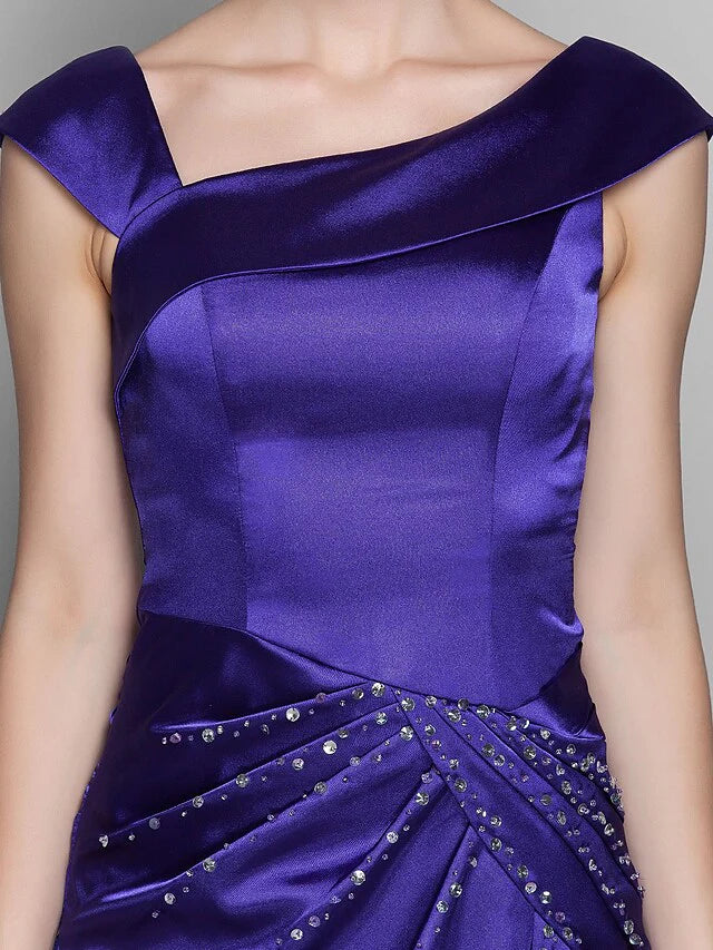 Wholesale Mother of the Bride Dress Elegant Off Shoulder Floor Length Stretch Satin Sleeveless with Beading Side Draping