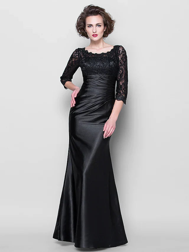 Wholesale Mother of the Bride Dress See Through Jewel Neck Floor Length Stretch Satin Lace Over Satin Length Sleeve with Lace Ruched Side Draping
