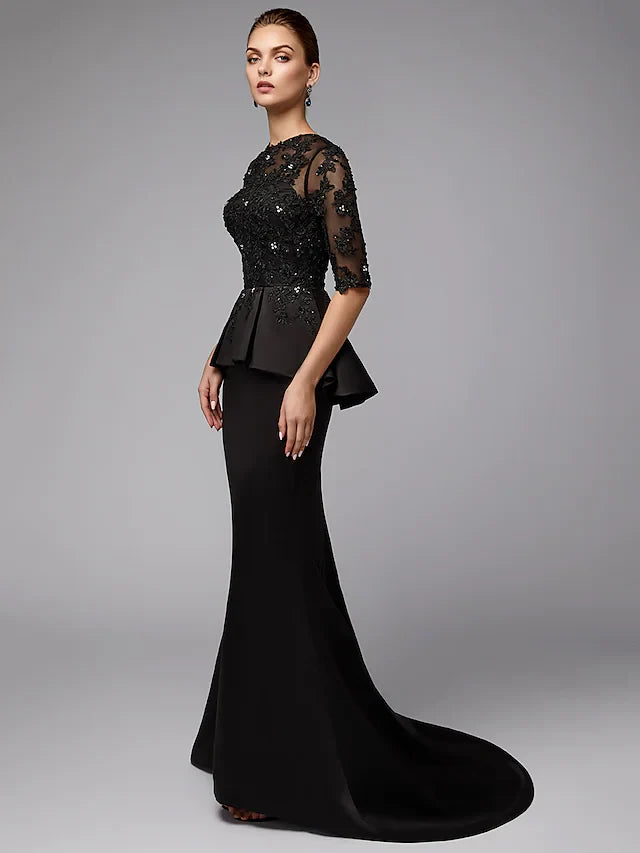 Wholesale Mother of the Bride Dress Sexy See Through Jewel Neck Lace Satin Half Sleeve with Beading Appliques