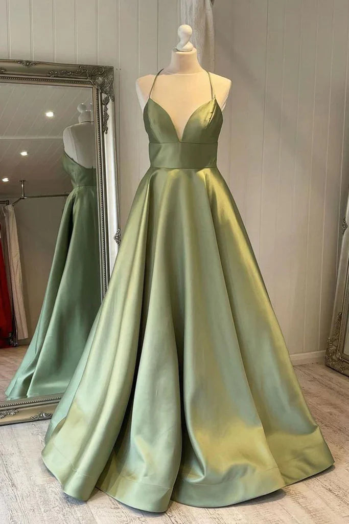 Wholesale Simple A Line Satin Spaghetti Straps Green Long Prom Dresses