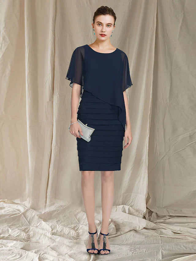 Wholesale Mother of the Bride Dress Elegant Jewel Neck Knee Length Chiffon Sleeveless with Ruched Ruffles