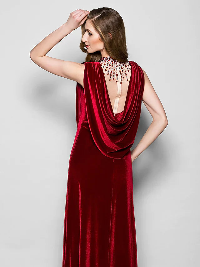 Wholesale Mother of the Bride Dress Cowl Neck Floor Length Velvet Sleeveless with Crystals Beading