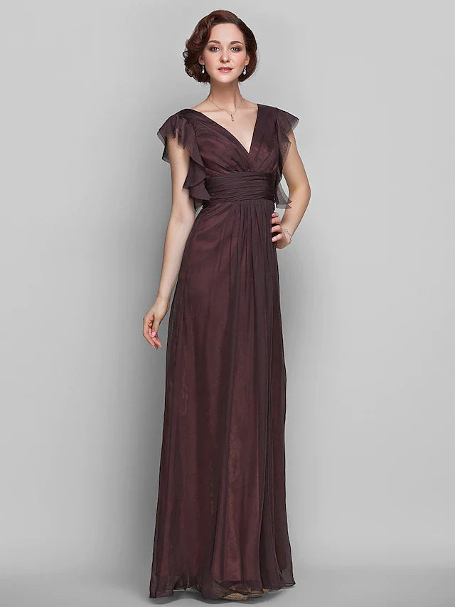 Wholesale Mother of the Bride Dress Beautiful Back V Neck Floor Length Chiffon Short Sleeve with Criss Cross Ruched Draping