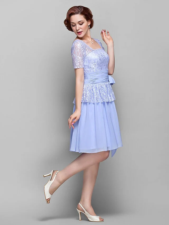 Wholesale A-Line Mother of the Bride Dress Square Neck Knee Length Chiffon Lace Short Sleeve with Lace Bow(s) Ruched