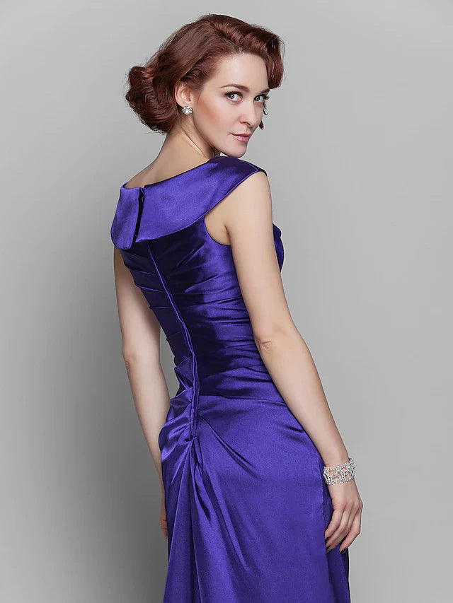 Wholesale Mother of the Bride Dress Elegant Off Shoulder Floor Length Stretch Satin Sleeveless with Beading Side Draping