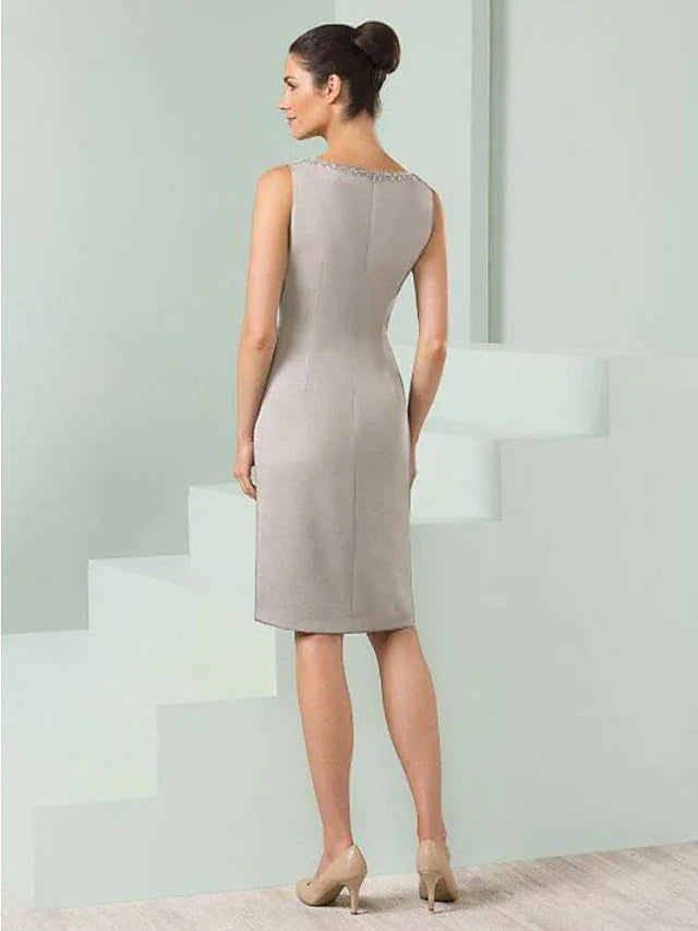 Wholesale Mother of the Bride Dress Wrap Included Plunging Neck Knee Length Satin Half Sleeve with Beading