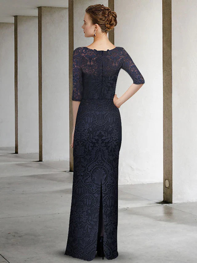 Wholesale A-Line Mother of the Bride Dress Elegant Jewel Neck Chiffon Lace Half Sleeve with Pleats