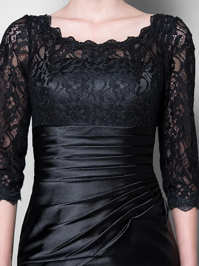 Wholesale Mother of the Bride Dress See Through Jewel Neck Floor Length Stretch Satin Lace Over Satin Length Sleeve with Lace Ruched Side Draping