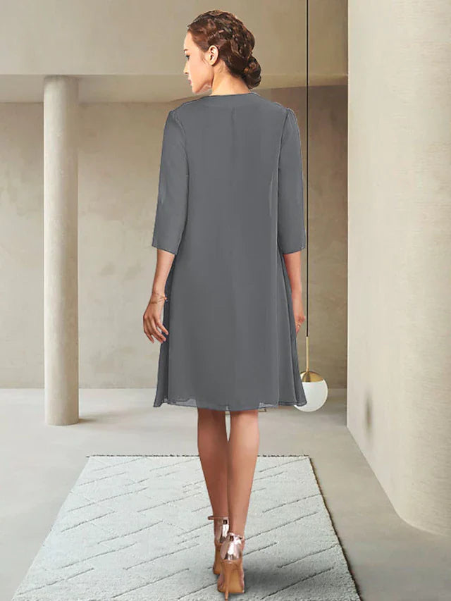 Wholesale Mother of the Bride Dress Elegant Jewel Neck Knee Length Chiffon Length Sleeve with Ruching