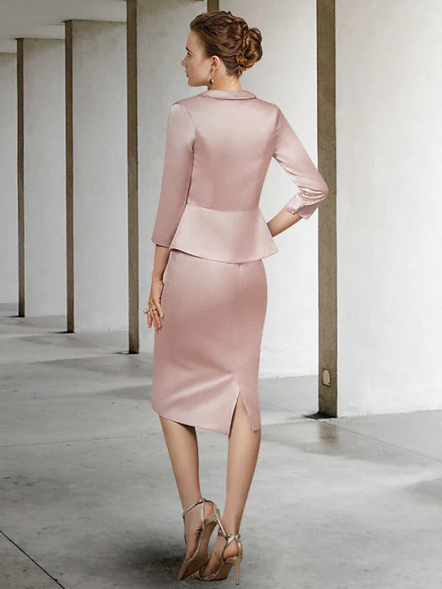 Wholesale Mother of the Bride Dress Elegant Jewel Neck Knee Length Lace Satin Length Sleeve with Appliques