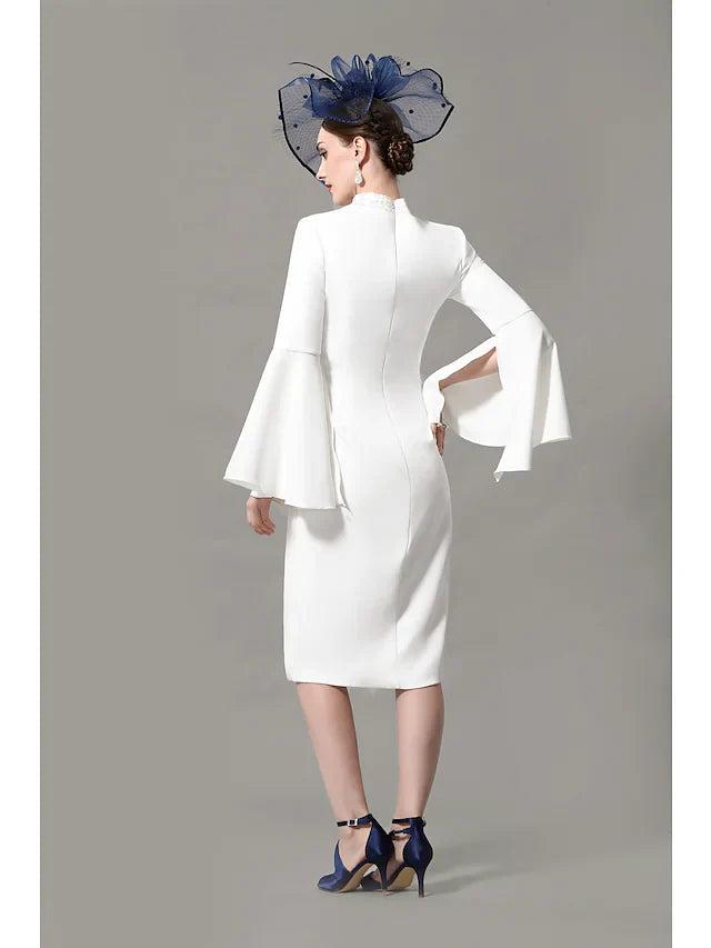 Wholesale Mother of the Bride Dress Wrap Included High Neck Knee Length Jersey 3/4 Length Sleeve with Crystals