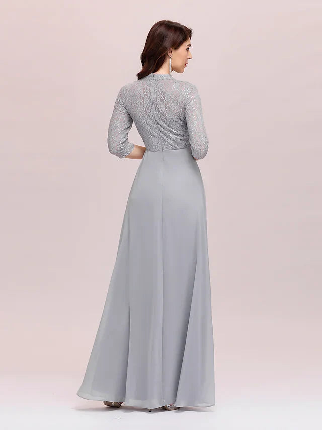 Wholesale A-Line Mother of the Bride Dress Plus Size Elegant Jewel Neck Floor Length Chiffon Lace Length Sleeve with Lace