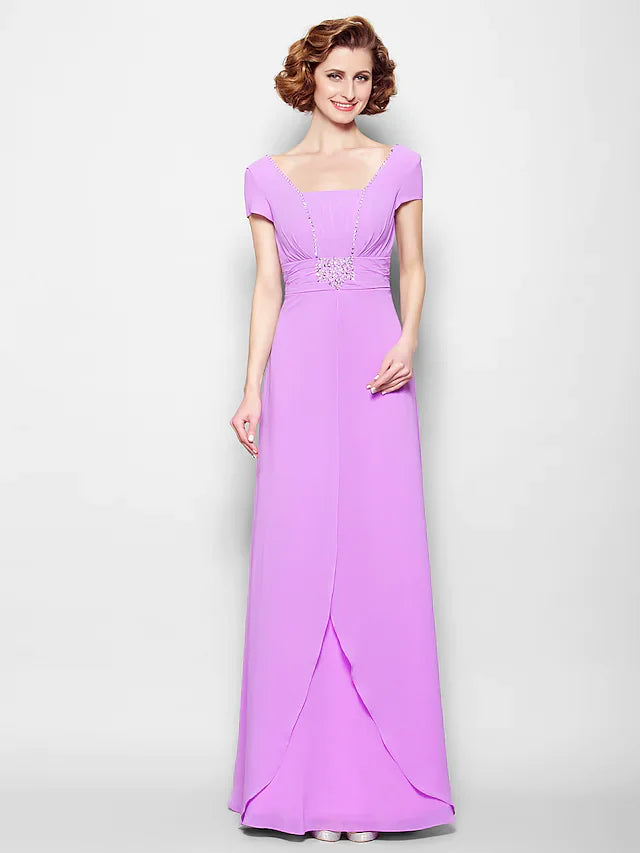 Wholesale A-Line Mother of the Bride Dress Lace Up Square Neck Floor Length Georgette Short Sleeve with Ruched Beading