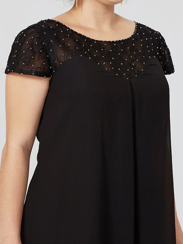Wholesale Mother of the Bride Dress Little Black Dress Plus Size See Through Jewel Neck Knee Length Chiffon Lace Short Sleeve with Pleats Beading Lace Insert