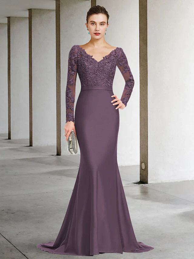 Wholesale Mother of the Bride Dress Elegant V Neck Chiffon Lace Long Sleeve with Appliques