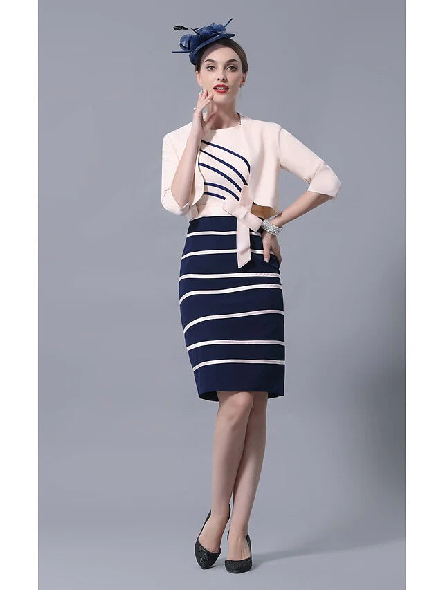 Wholesale Mother of the Bride Dress Elegant Jewel Neck Knee Length Satin 3/4 Length Sleeve with Sash Ribbon Bow(s)