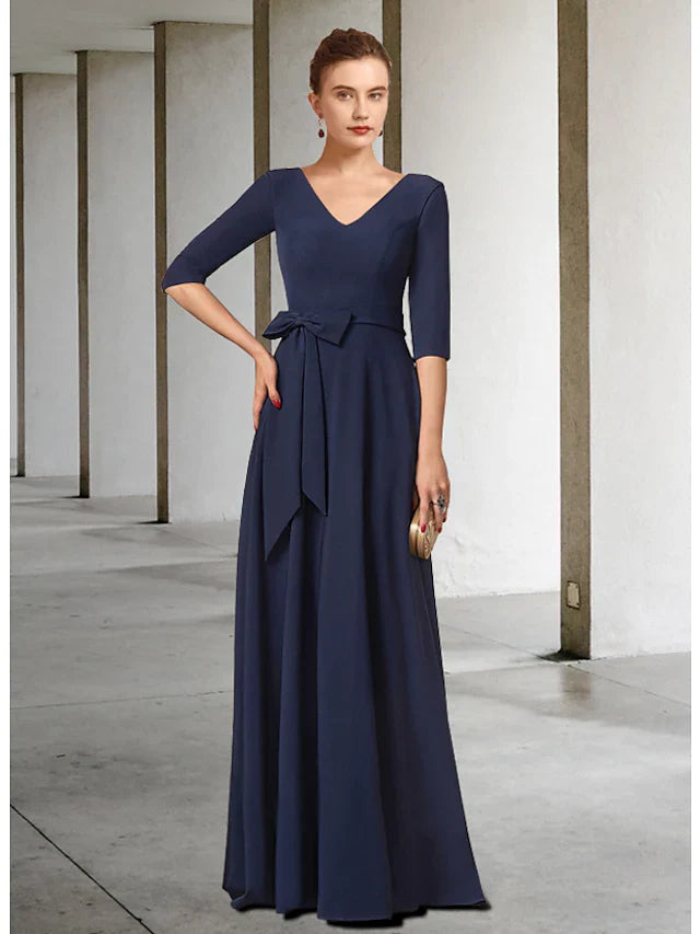 Wholesale Mother of the Bride Dress Elegant V Neck Floor Length Stretch Fabric Half Sleeve with Sash Ribbon Bow(s) Pleats