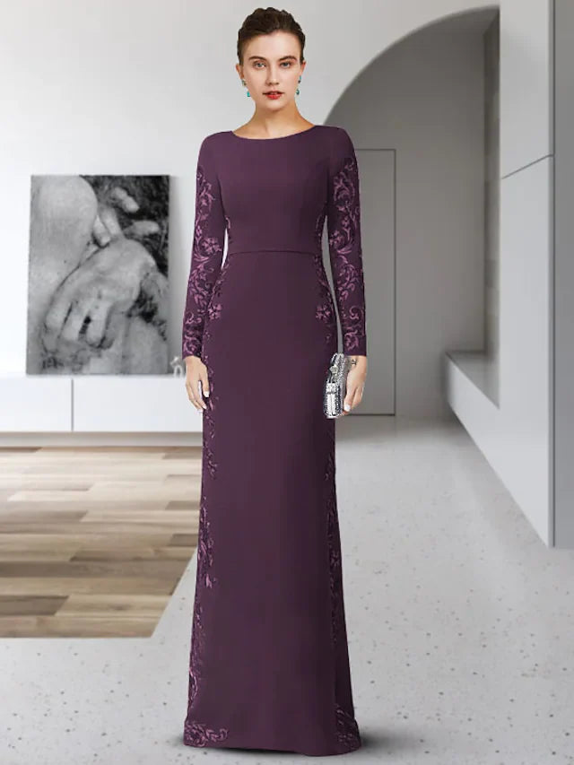 Wholesale Mother of the Bride Dress Elegant Jewel Neck Floor Length Chiffon Lace Long Sleeve with Sash Ribbon Appliques