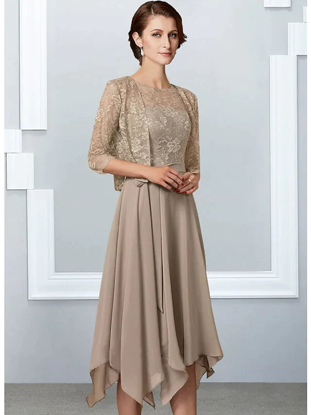 Wholesale A-Line Mother of the Bride Dress Elegant Jewel Neck Tea Length Chiffon Lace Half Sleeve with Pleats