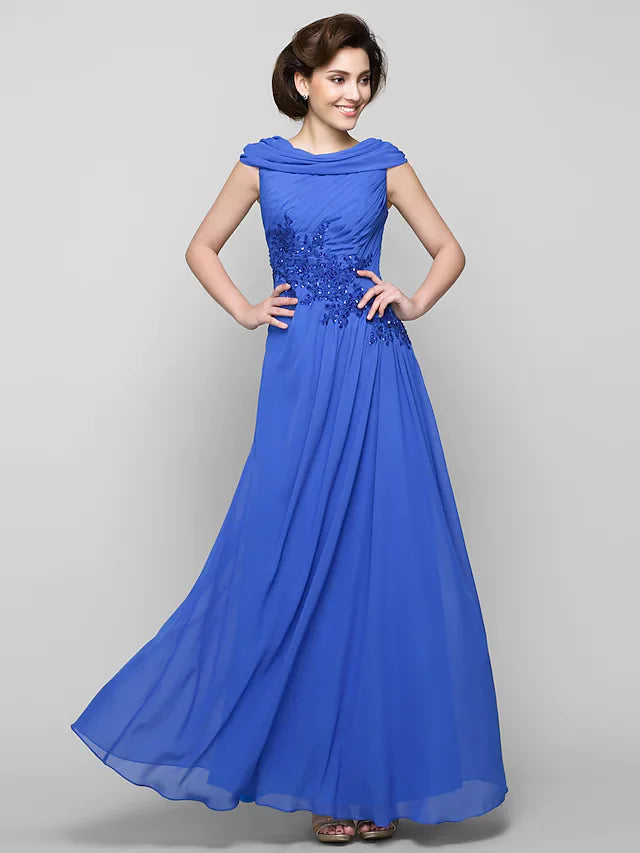 Wholesale A-Line Mother of the Bride Dress Elegant Cowl Neck Ankle Length Chiffon Sleeveless with Criss Cross Appliques