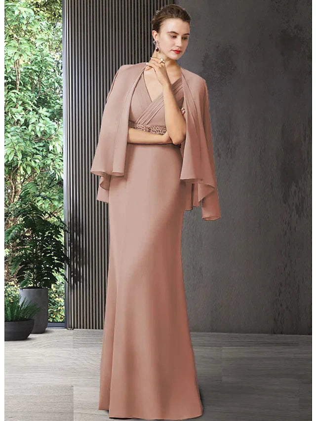 Wholesale Mother of the Bride Dress Elegant V Neck Floor Length Chiffon Sleeveless with Sash Ribbon