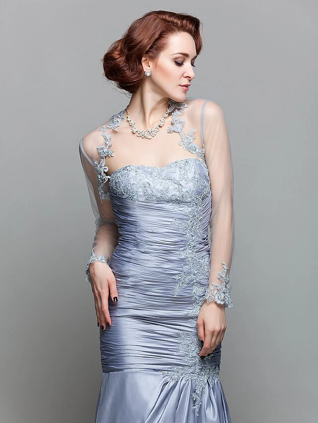 Wholesale Mother of the Bride Dress Wrap Included Strapless Floor Length Lace Taffeta Long Sleeve with Ruched Beading Appliques