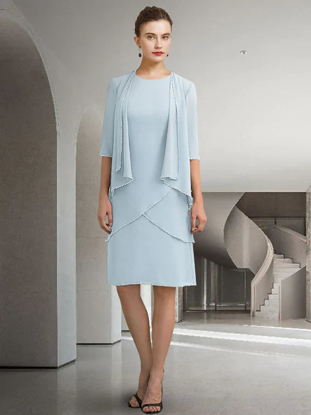 Wholesale Mother of the Bride Dress Elegant Jewel Neck Knee Length Chiffon Lace Half Sleeve with Beading Ruffles