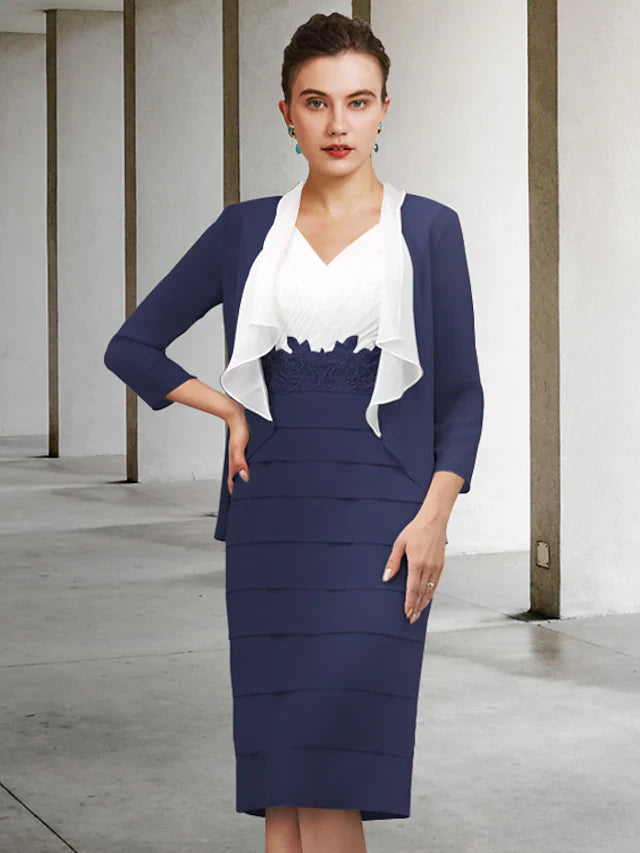 Wholesale Mother of the Bride Dress Elegant V Neck Knee Length Chiffon Long Sleeve with Appliques