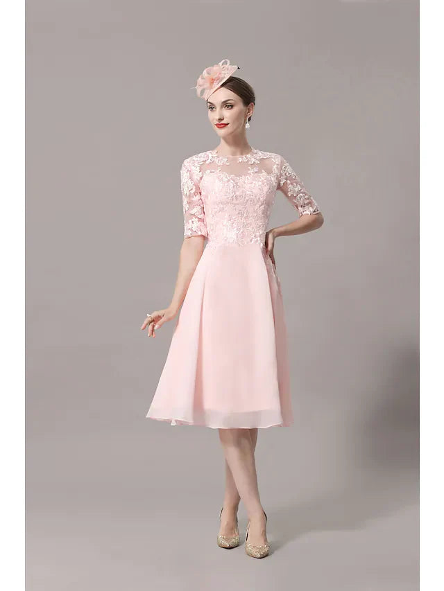 Wholesale A-Line Mother of the Bride Dress Elegant Illusion Neck Knee Length Lace Satin Half Sleeve with Pleats Appliques