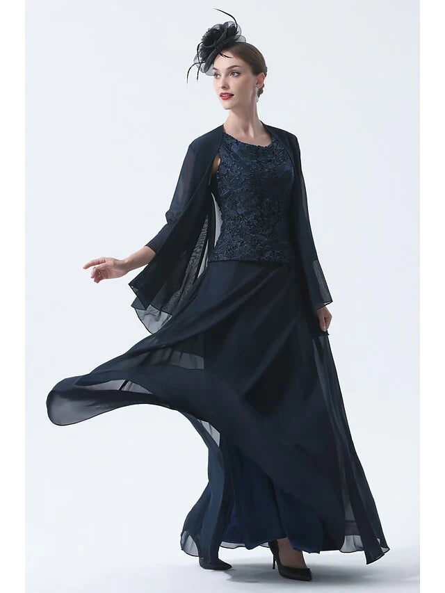 Wholesale Two Piece A-Line Mother of the Bride Dress Elegant Square Neck Floor Length Chiffon 3/4 Length Sleeve with Embroidery