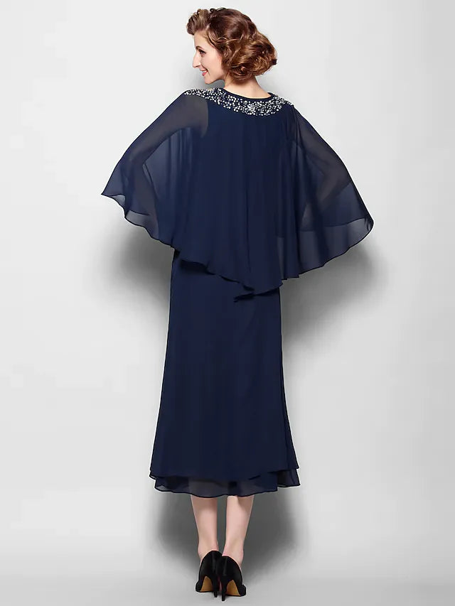 Wholesale Mother of the Bride Dress V Neck Tea Length Chiffon 3/4 Length Sleeve with Crystals Beading