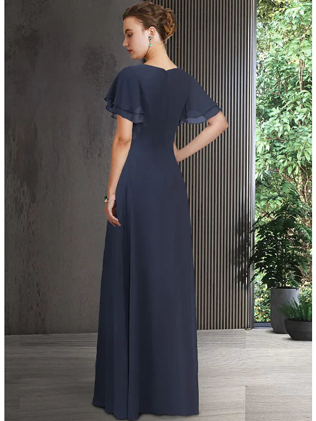 Wholesale Mother of the Bride Dress Elegant V Neck Floor Length Chiffon Short Sleeve with Appliques Ruching