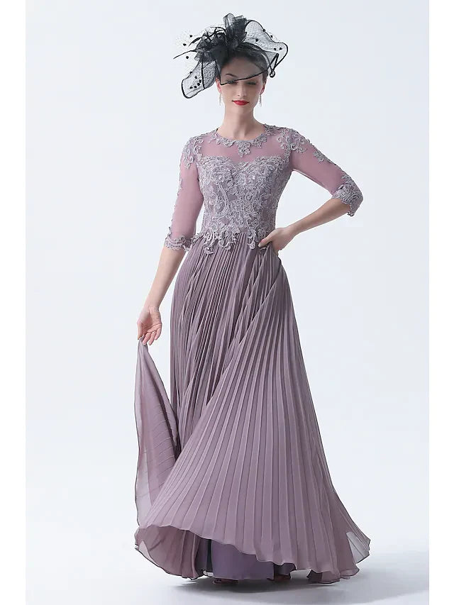 Wholesale A-Line Mother of the Bride Dress Plus Size Elegant See Through Bateau Neck Chiffon Lace Half Sleeve with Sash Ribbon Appliques