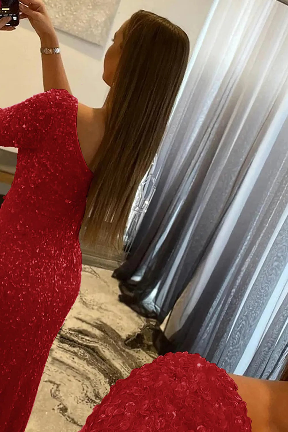 Wholesale Mermaid Glitter One-Shoulder Single Sleeve Prom Dress With Sequins prom dresses shops