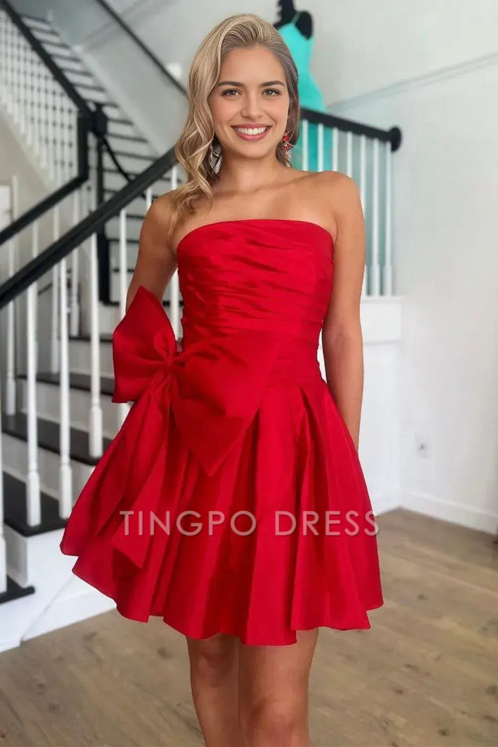 TingPo Wholesale Elegant Red A Line Strapless Short Satin Homecoming Dress With Bow-knot formal wear dresses