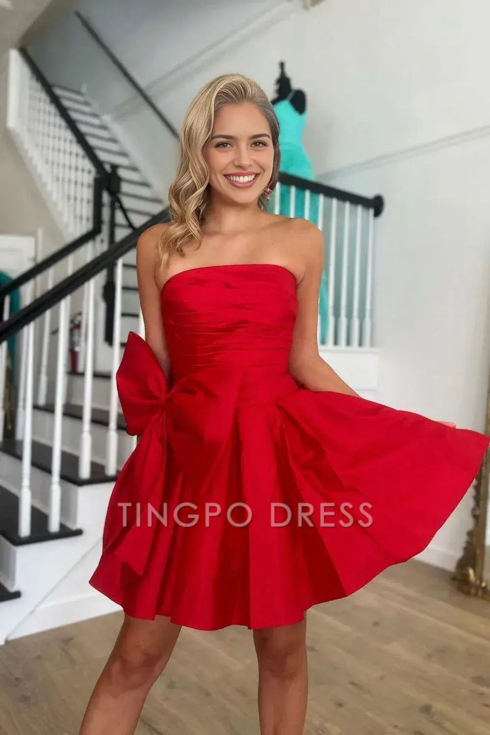 TingPo Wholesale Elegant Red A Line Strapless Short Satin Homecoming Dress With Bow-knot formal wear dresses