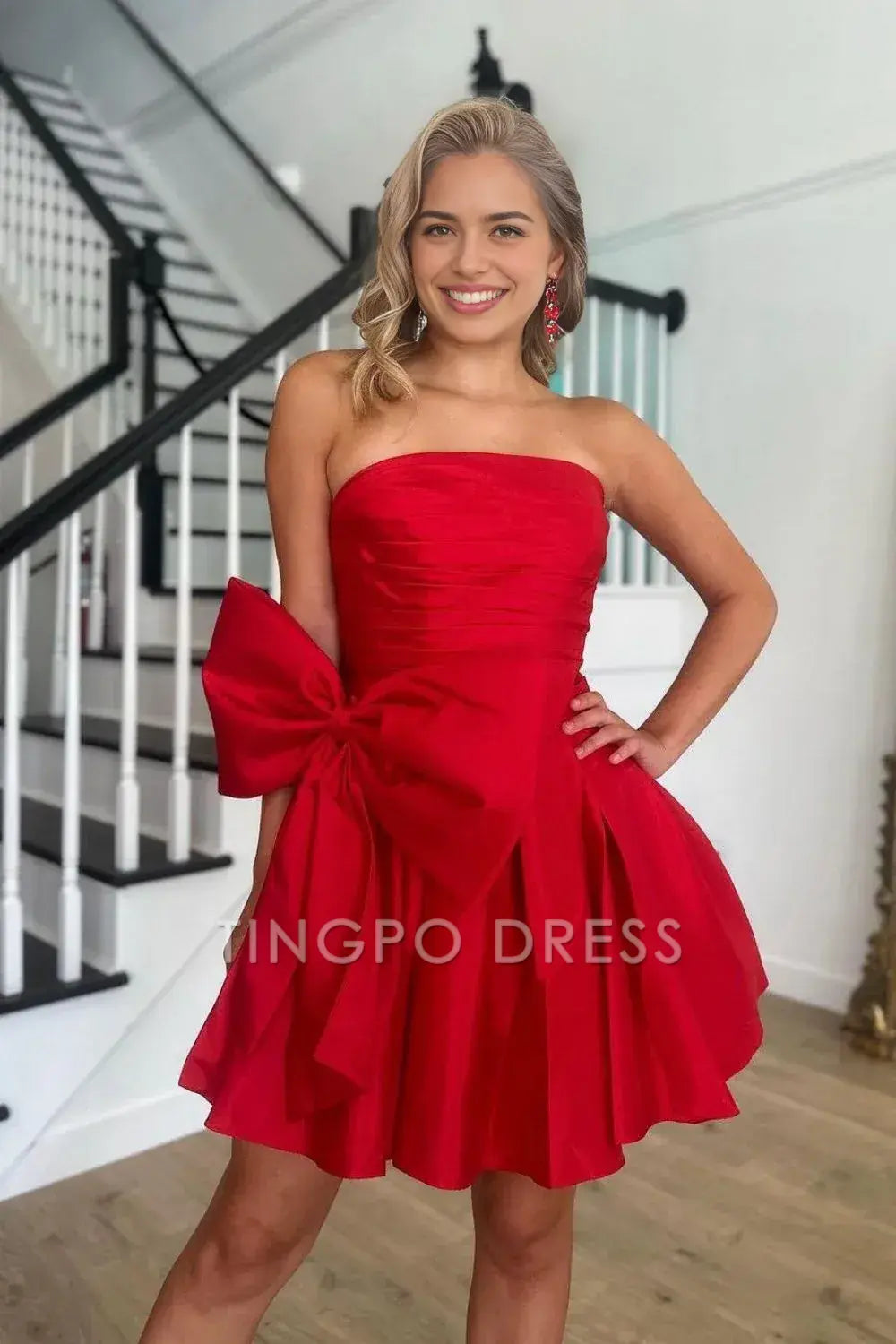 TingPo Wholesale Elegant Red A Line Strapless Short Satin Homecoming Dress With Bow-knot formal wear dresses