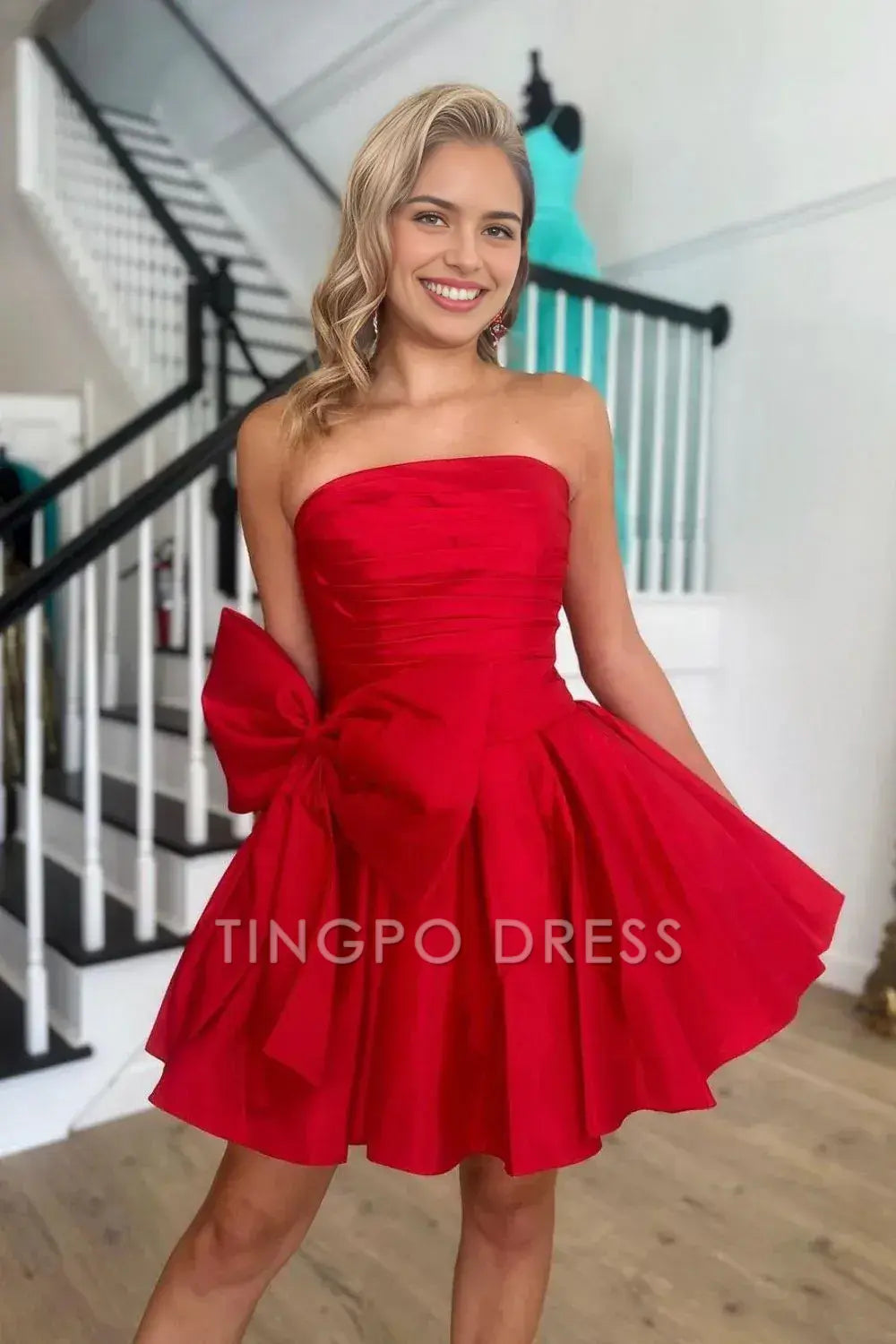 TingPo Wholesale Elegant Red A Line Strapless Short Satin Homecoming Dress With Bow-knot formal wear dresses